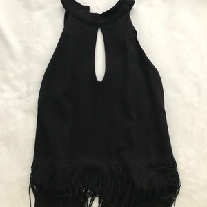 Zip up back, black fringe top